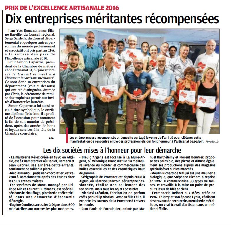 Prix de l'Excellence Artisanale CMA 04 - 2016